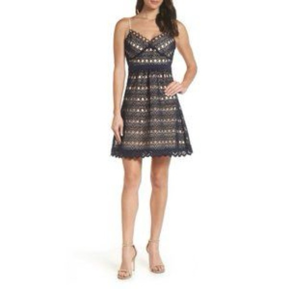 Foxiedox Hellia Navy Nude Lace A-line Dress